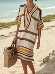 Women 2025 Elegant Patchwork Print  A Line Dress Spring Summer Half Sleeve Casual V-Neck Ladies Loose Party Dresses Streetwear