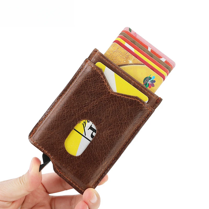 Cow Leather Men's Card Bag Automatically Pop-Up Slim Credit Card Holder Wallet For Men and Women ID Card Pocket