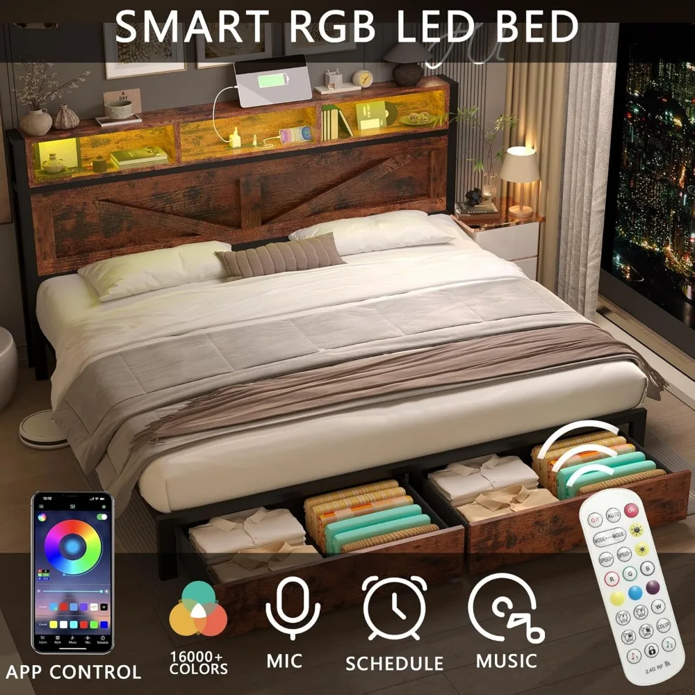 Struttura letto king size per fattoria con testiera libreria, cassetti portaoggetti, luci a LED e stazione di ricarica: nessuna scatola di molle richiesta