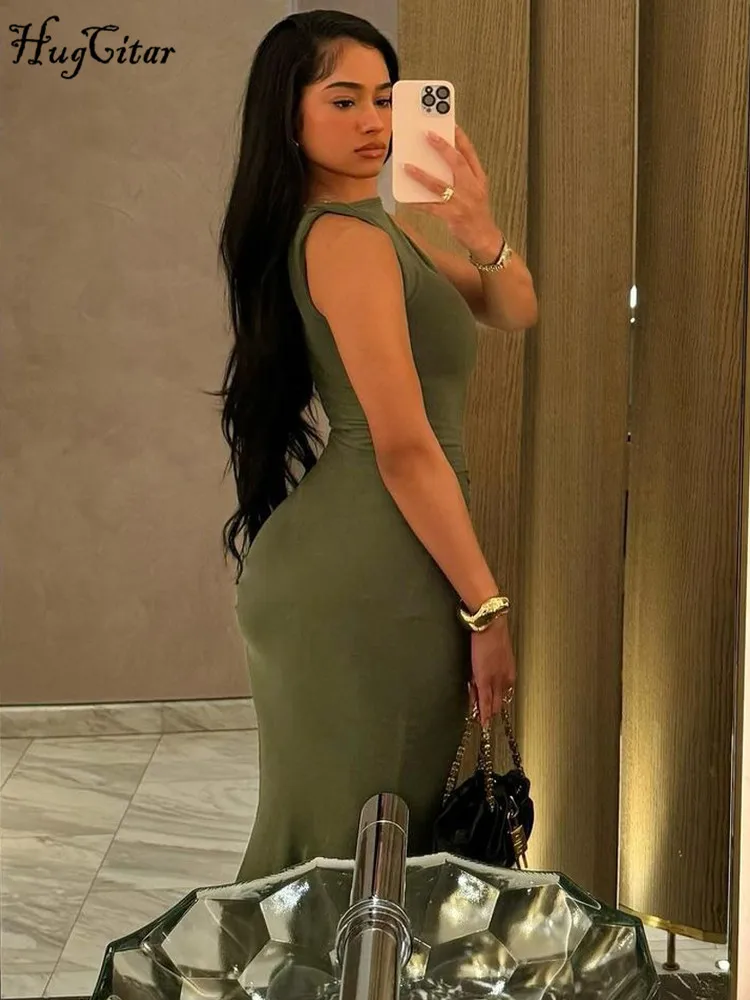 Hugcitar 2025 elegante sólido sem mangas drapeado sexy bodycon maxi vestido de baile verão roupas de moda feminina festa de aniversário festival