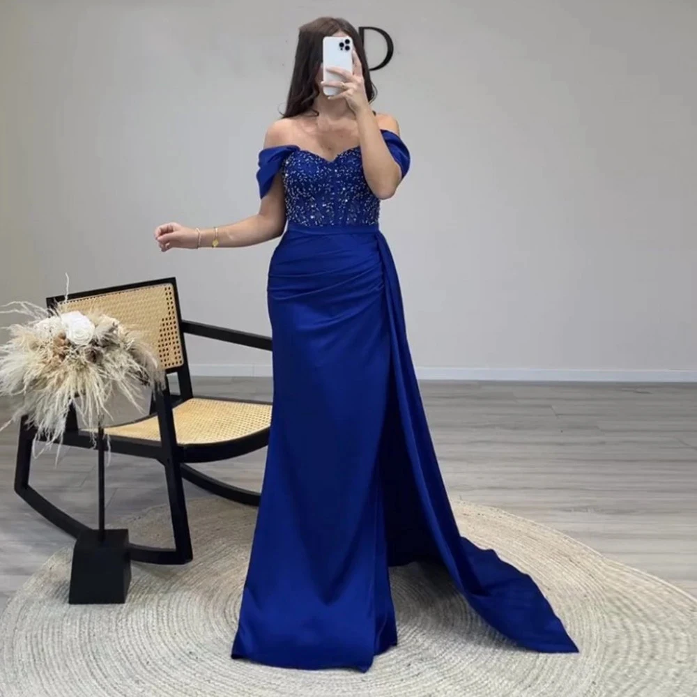 Royal Blue Avondjurken Vrouwen 2023 Off Shoulder Kralen Satin Prom Party Gowns Wedding Vestidos De Graduación فساتين الحفلات