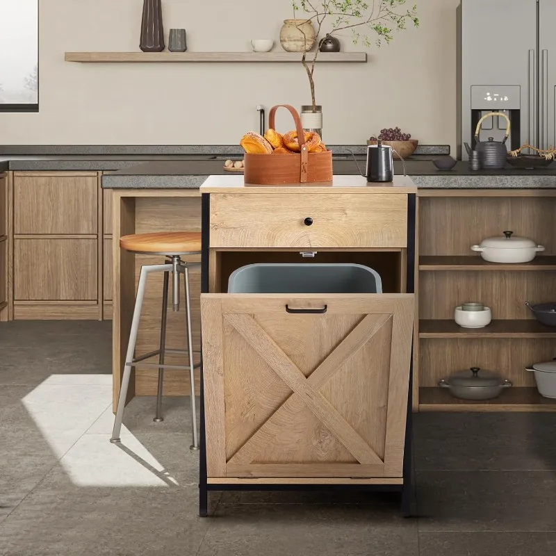 

Color Style Trash Cabinet, Tilt Out Cabinet with Solid Hideaway Drawer,Rustic Kitchen Free Standing Wooden Kitchen Recyc