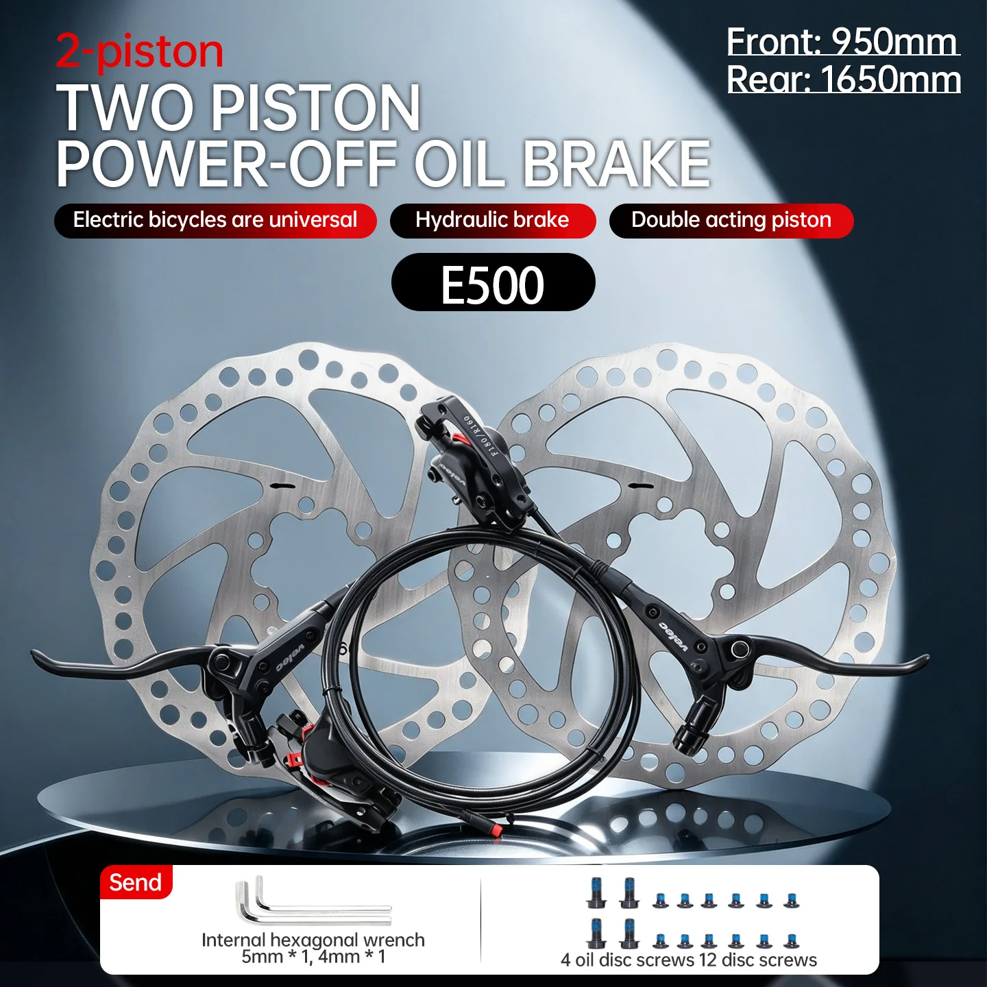 E-Bike Hydraulic Disc Brake Set 2-Piston Power off Front Rear Brakes with Oil Pipe 950mm for Electric Bikes Scooters MTB