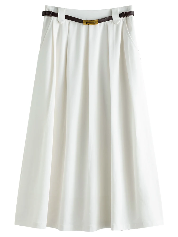 ZIQIAO Office Lady White Twill Long A-LINE Skirts Belt Design Women Commuter Pleated Mid-Calf Skirt High Waist Umbrella Skirt