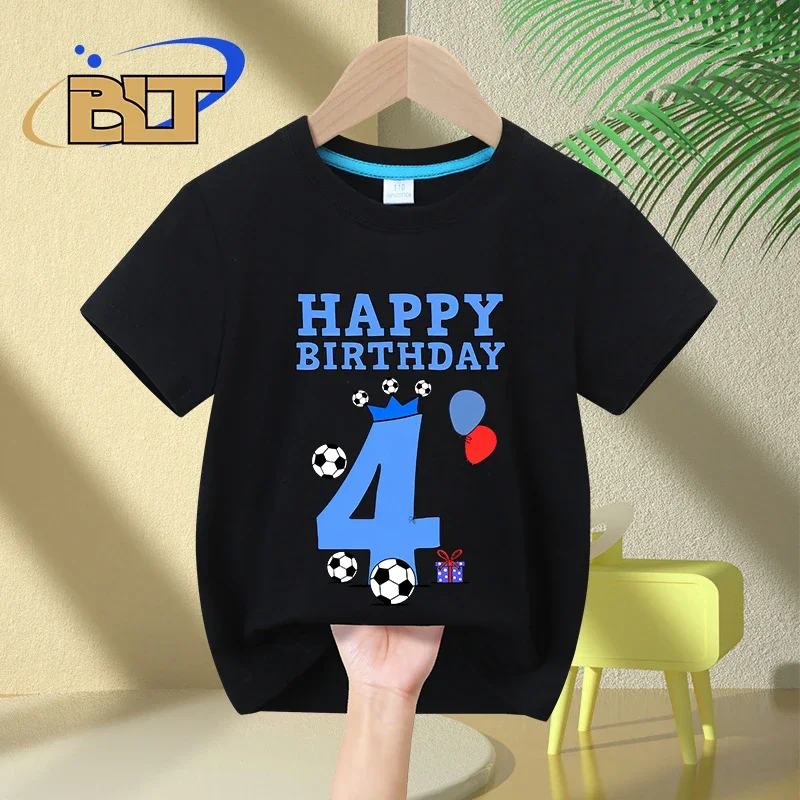 Camiseta de cumpleaños para niños de 4 años, tops casuales de manga corta de algodón para fanáticos del fútbol, Verano