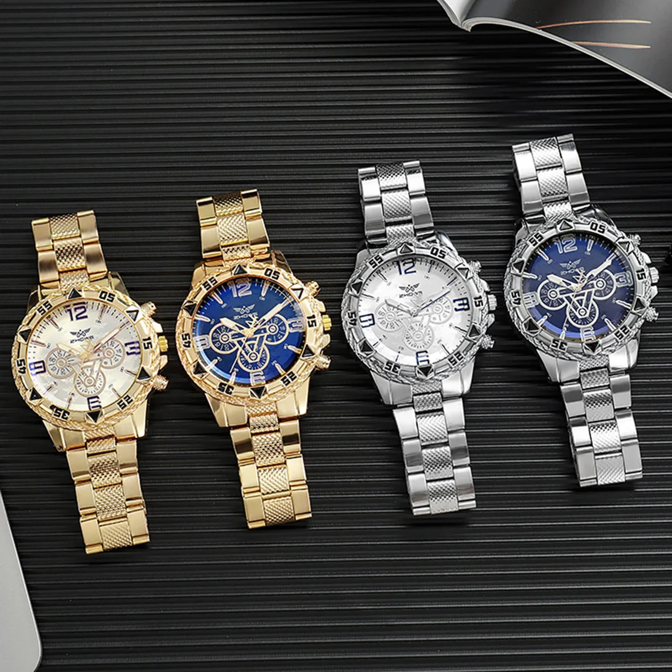 4pcs-moda masculina relógios de negócios calendário de luxo relógio de quartzo para homens relógio conjunto de jóias (sem caixa)