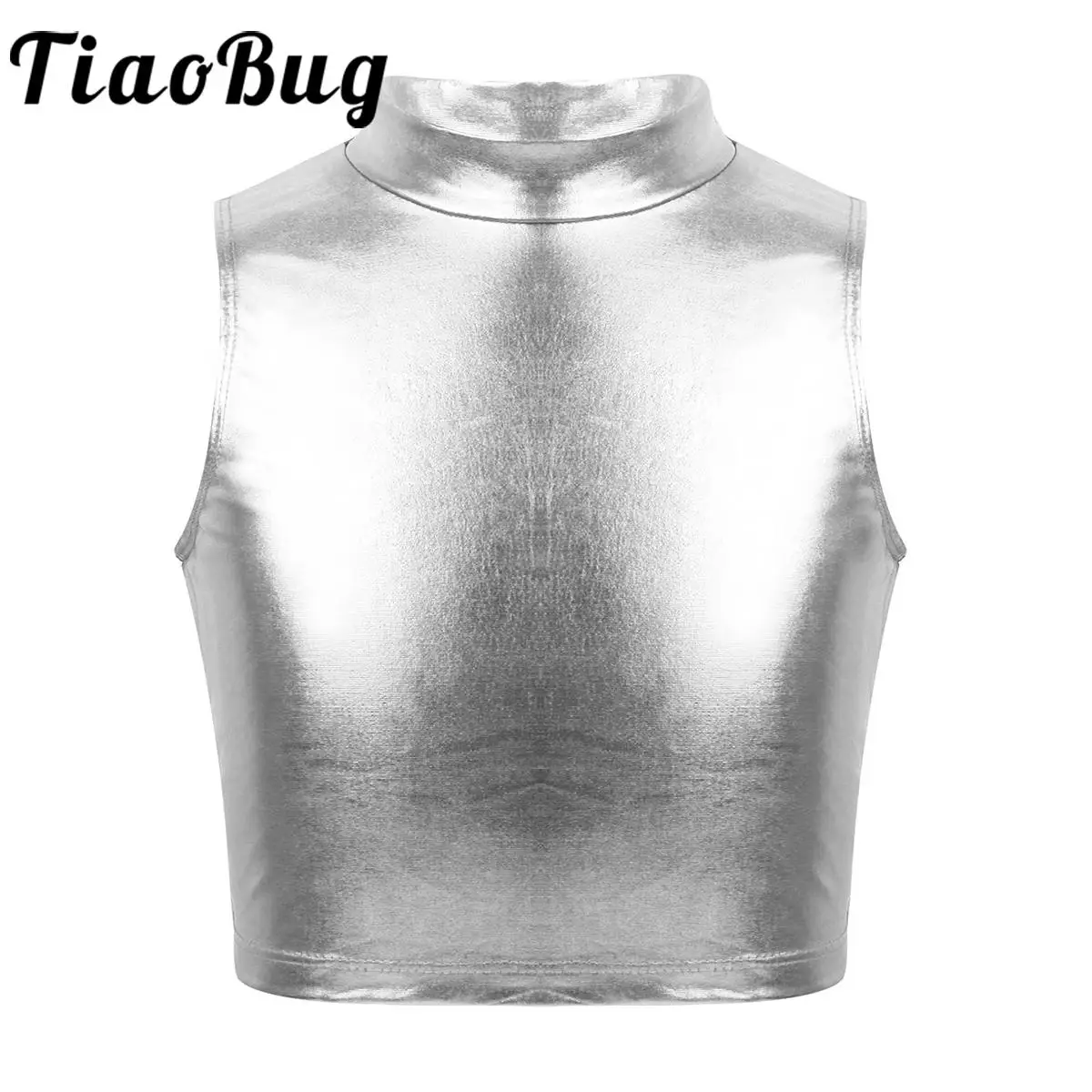 Kids Girls Sleeveless Turtleneck Metallic Crop Tank Tops Ballet Jazz Modern Dance Stage Performance Costume Dancewear Vest