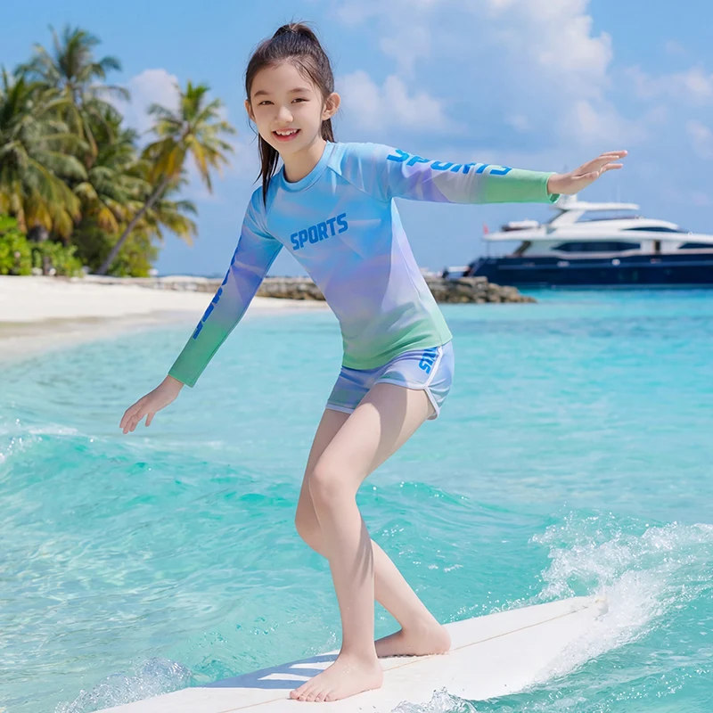 Two Piece Swimsuit Girls Rash Guard Set Long Sleeve Teenage Summer Sports Kids Bathing Suits Swimwear Children Sunscreen Surfing