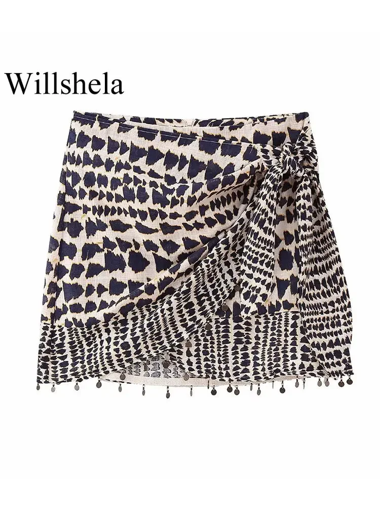 Willshela Women Fashion With Beading Printed Pleated Back Zipper Mini Skirts Vintage High Waist Female Chic Lady Skirts