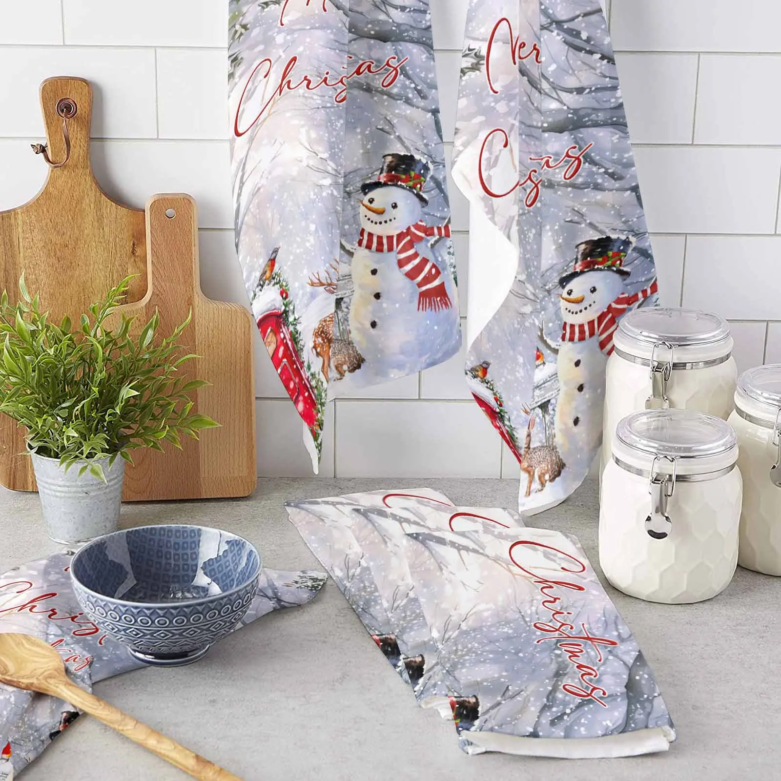 Christmas Deer Rabbit Mockingbird Cedar Leaves Printed Hand Towel Kitchen Dishcloth Water Absorption Household Cleaning Cloth