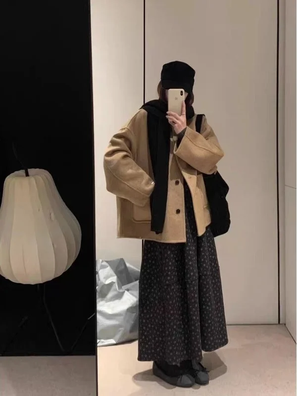 تنورة ميدي عالية الخصر على شكل حرف a مطبوعة بالزهور من الصوف للخريف والشتاء تنورة نسائية فضفاضة تناسب الخصر المرن