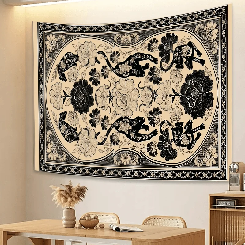 VIKAMA Art Black and White Leopard Print Floral Tapestry Retro Living Room Sofa Decor for Cafes Bohemian Style Home Decor