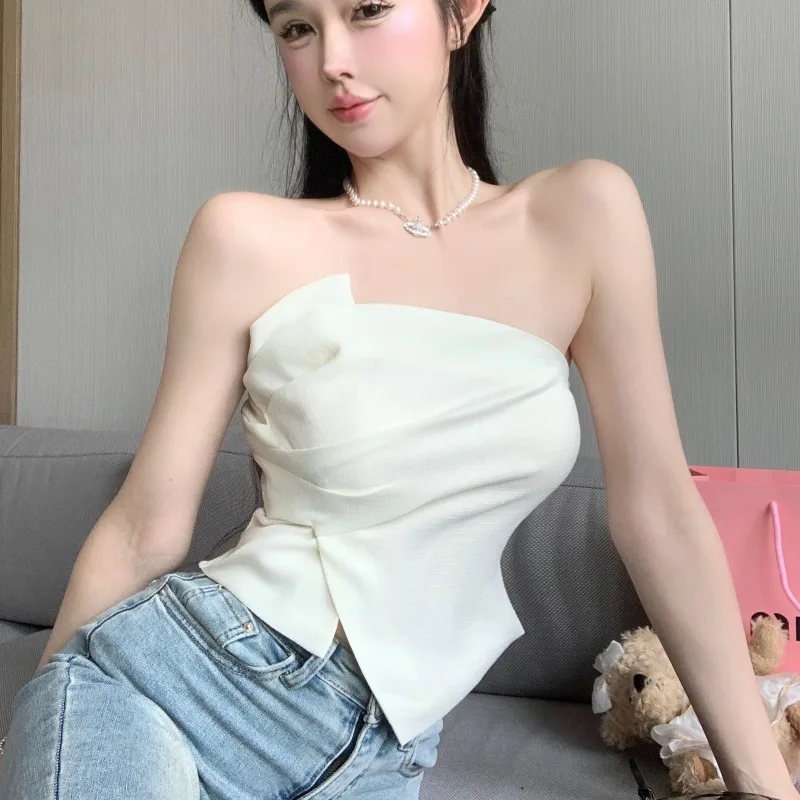 

Sleeveless Wrap Chest Vest Women's High-End Summer No Strap Short Top Pleated Chic Outerwear Tank Top Pure Color Slim Fit