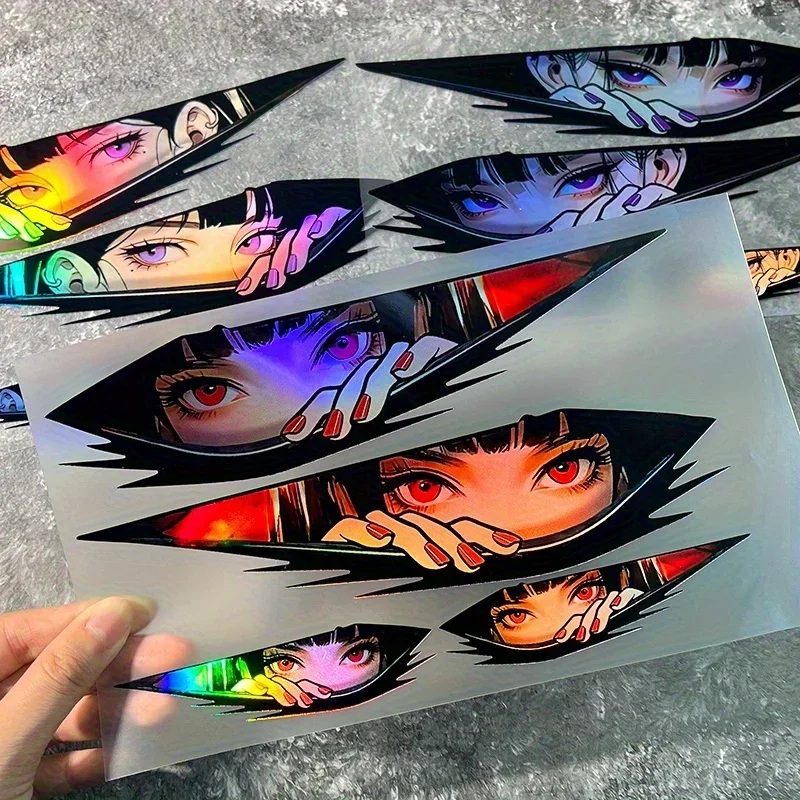 1Set Holographic Anime Eyes JDM Decals, Trendy Graffiti Laser DIY Bike Custom Stickers