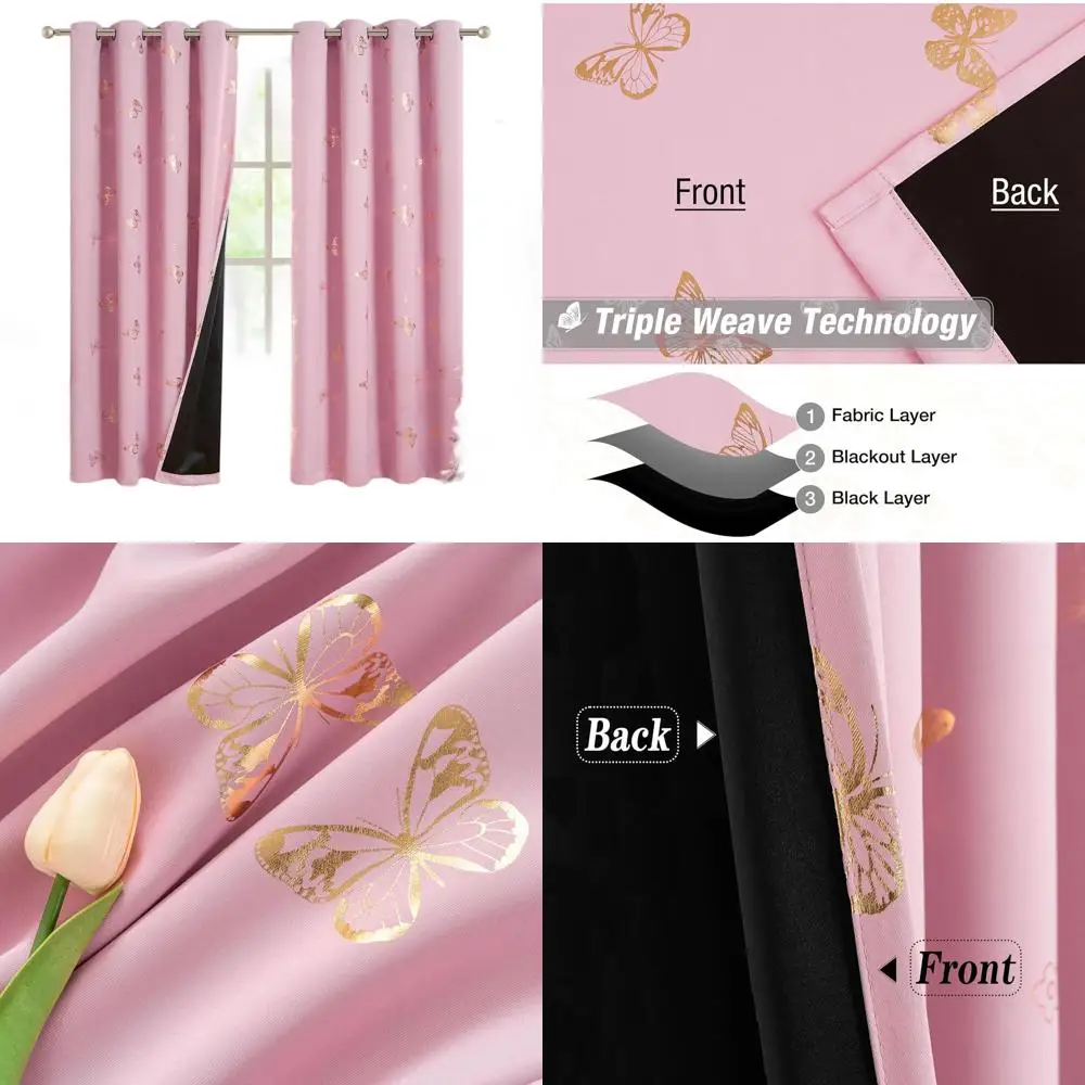 

Blackout Floral Curtains with Gold Butterfly Print, 95 Length, 2-Panel Set for Kids and Nursery Bedrooms