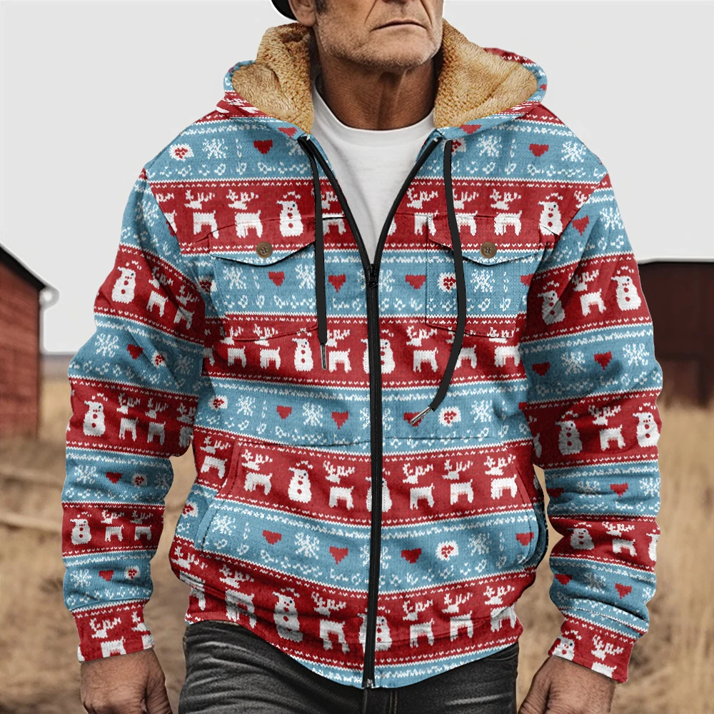 

Теплые мужские зимние куртки, пальто, красные, синие, рождественские, с принтом оленей и снеговика, плюшевая толстая уличная одежда для охотничьего фермера, верхняя одежда унисекс