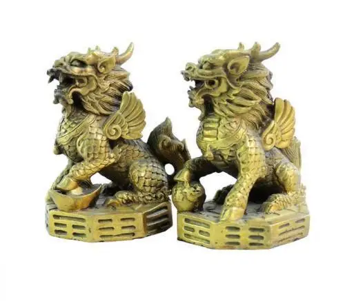 

Chinese Fengshui Brass Wealth Evil Foo Dog Kirin Kylin Beast Statue Pair