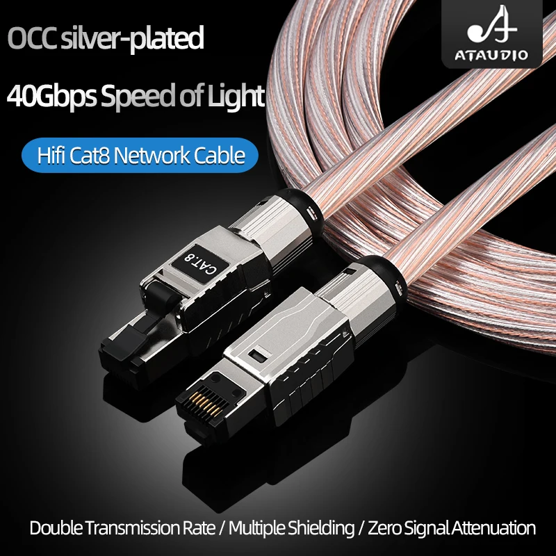 ATAUDIO HiFi Copper Silver Braided Cat8 High Speed Ethernet Cable 40Gbps 2000MHz Upgrade for HiFi Audio Router Computer