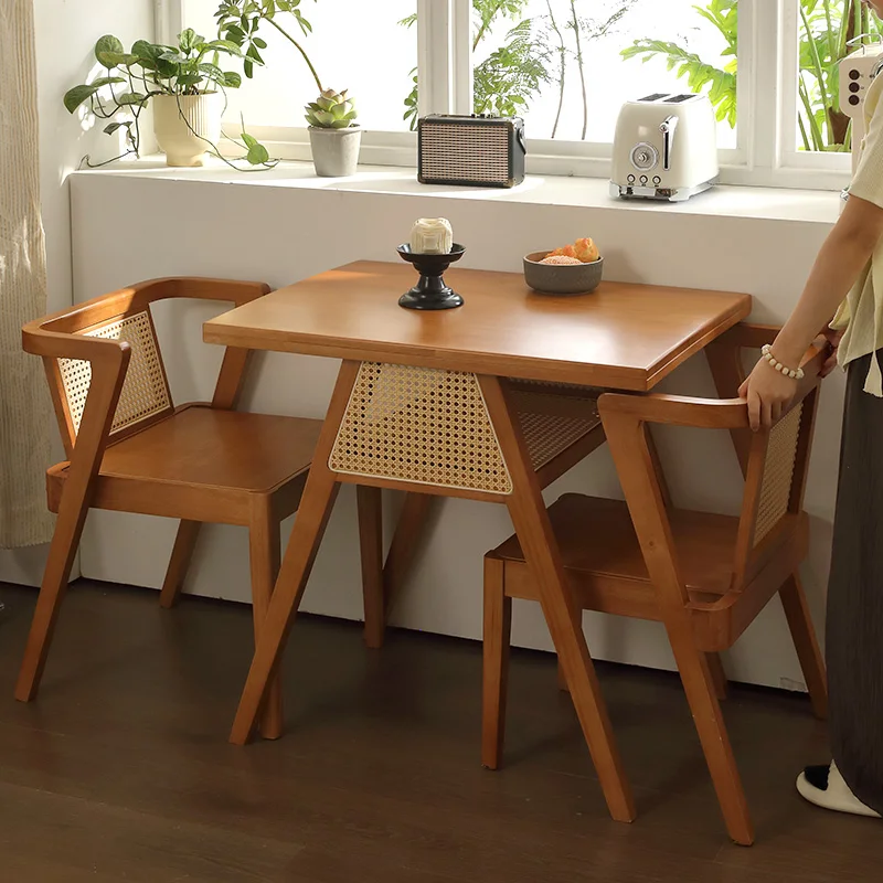 High-end solid wood dining table and chair set New square coffee table with rattan chair outdoor furniture