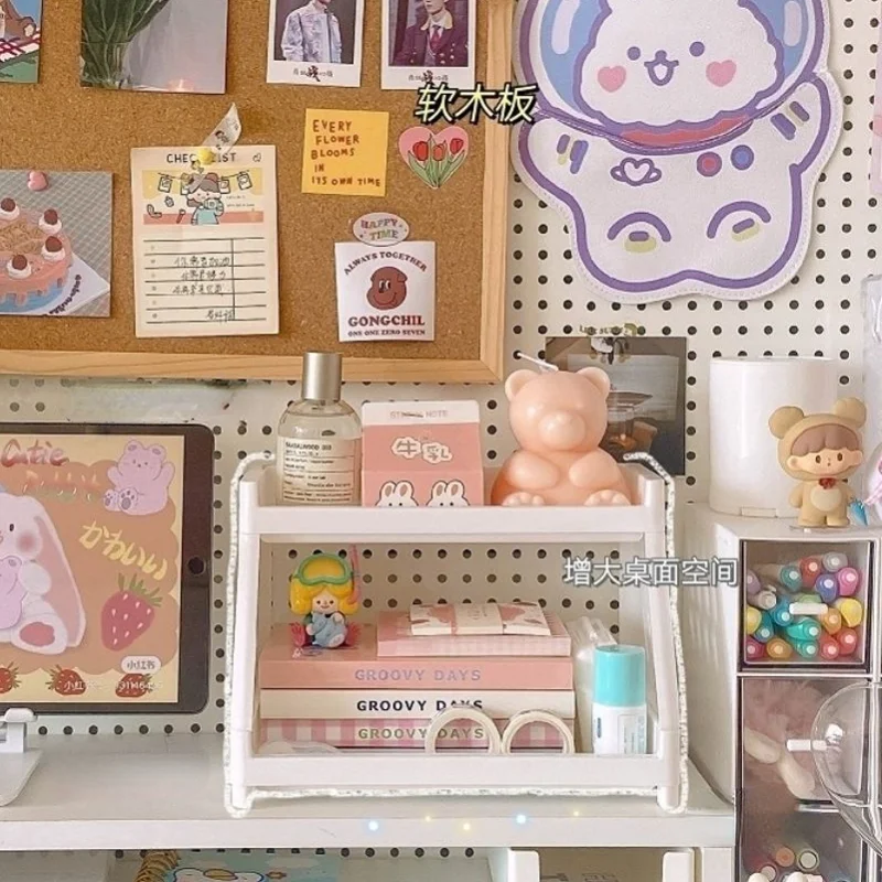 Étagères de rangement de bureau à double couche Kawaii, organisateurs de papeterie, stockage de fichiers de grande capacité, accessoires de bureau,