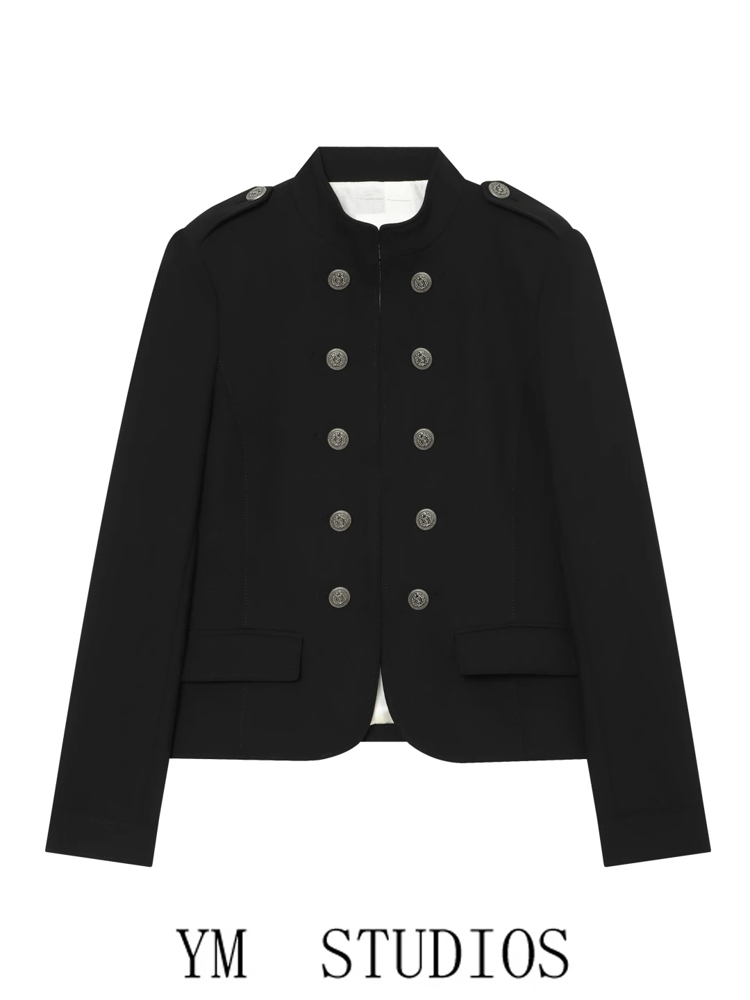 Women's Slim Fit Short Jacket with Shoulder Pads Double Row Buttons Small Stand Collar Autumn Fashion Polyester Fiber Long Sl...