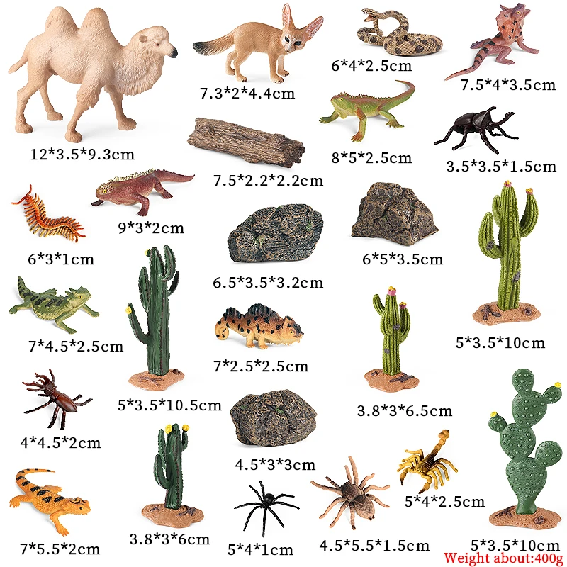 Oenux 24Pcs Desert Animal Figurines Set Model Trees Cactus Camel Fox Rattlesnake Scorpion Insect Lizard Reptile Toy Kid Gift
