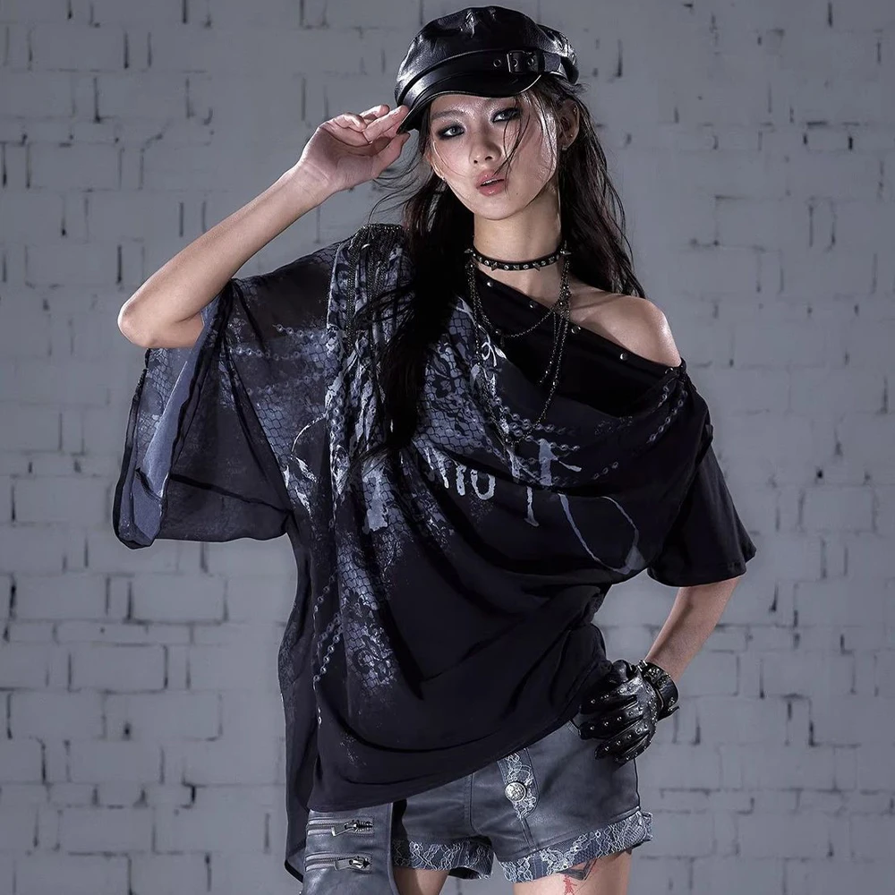 Y2K Aesthetic Sexy Slant Neck Rivet Printed Chiffon T-Shirt Irregular Wrinkle T-Shirt Women's Retro Fashion Street Wear T-Shirt