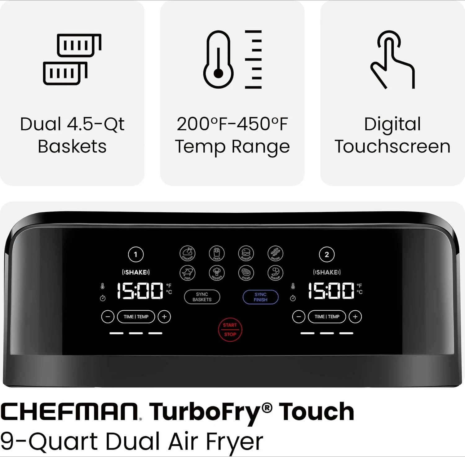 

Dual Air Fryer, Maximize The Healthiest Meals With Double Basket Capacity, One-Touch Digital Controls And Shake Reminder
