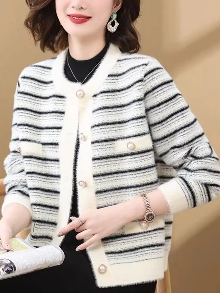 Stylish Striped Loose Knitted Sweaters Autumn Winter Vintage Long Sleeve Women's Clothing Basic Commute Single-breasted Cardigan