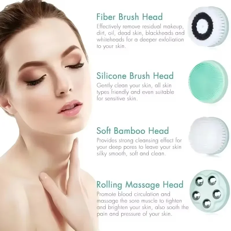 Brosse électrique de nettoyage du visage 4 en 1, masseur de visage étanche IPX7, dispositif de nettoyage pour un nettoyage en profondeur, élimination des points noirs et des pores