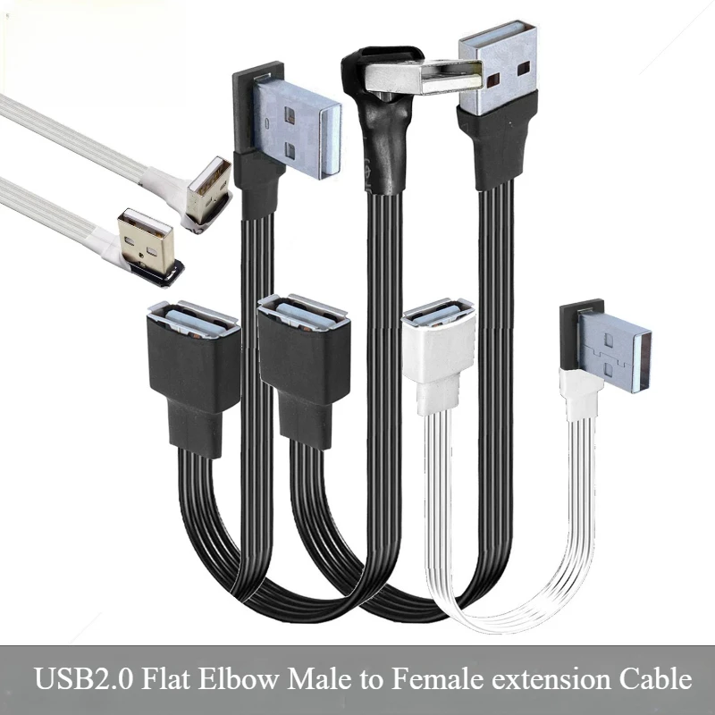 USB Male to Female Extension Cable Elbow 90 Degree Right Angle Soft Silicone Flat Wire USB2.0 Elbow Charging Data Cord Extender