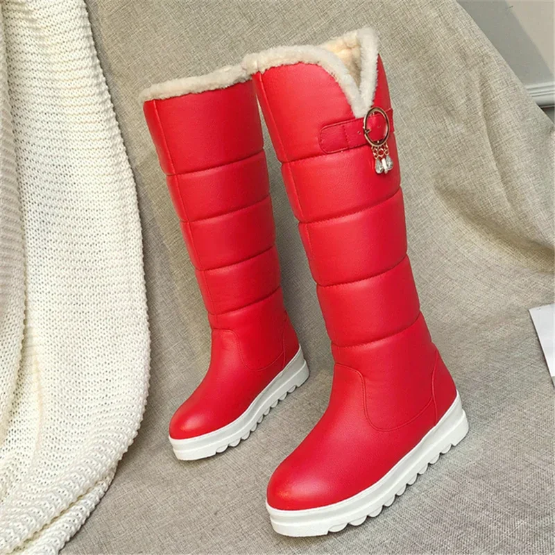 HOVING Russia Winter Warm Thermal Furry Booties Waterproof Round Toe Platform Knee High Womens Fur Lined Flats Snow Boots