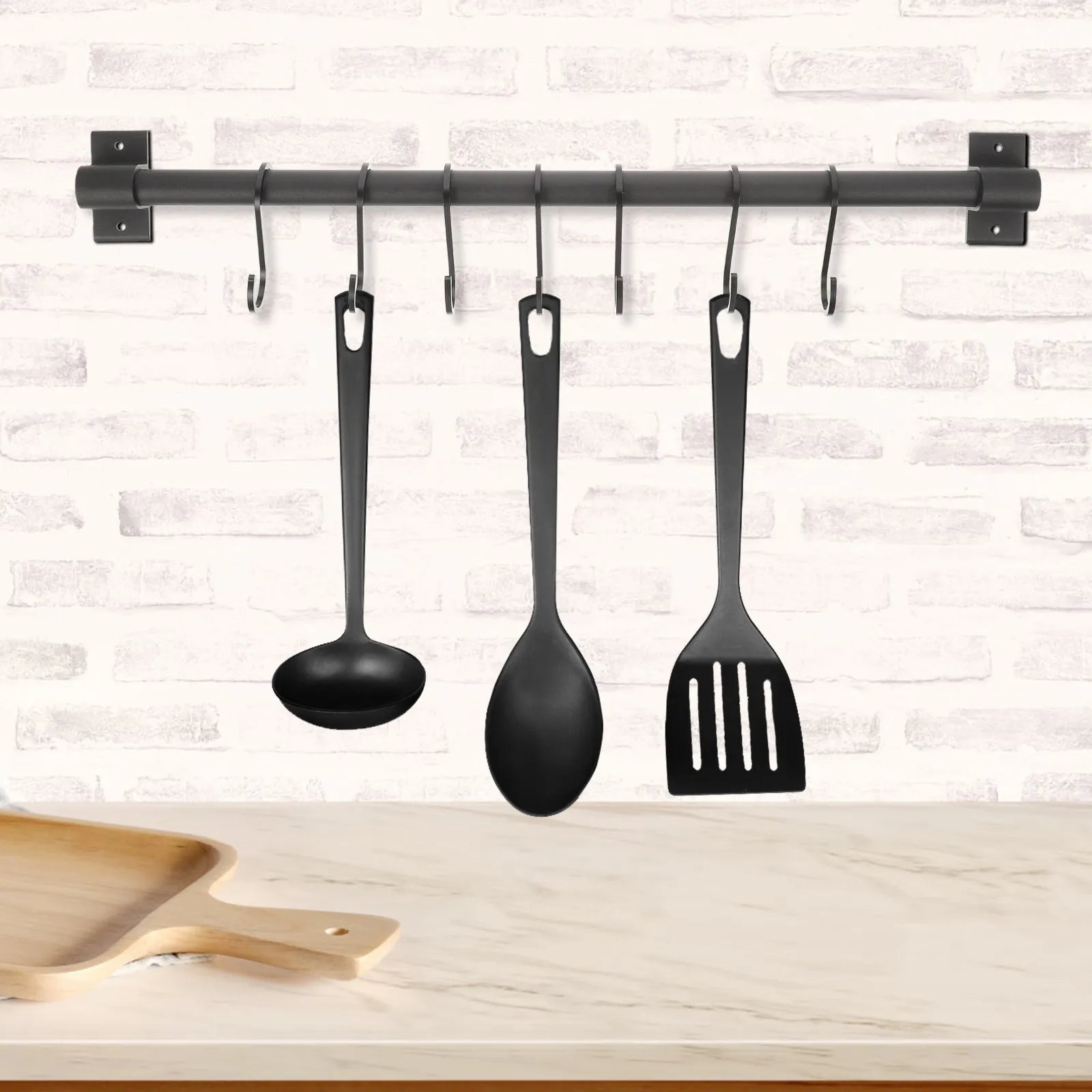 7-Hook Aluminum Wall Mounted Kitchen Tool Hanger Hanging Rack for Spoons Spatulas Cooking Utensils Punch Free Design Smooth Edge