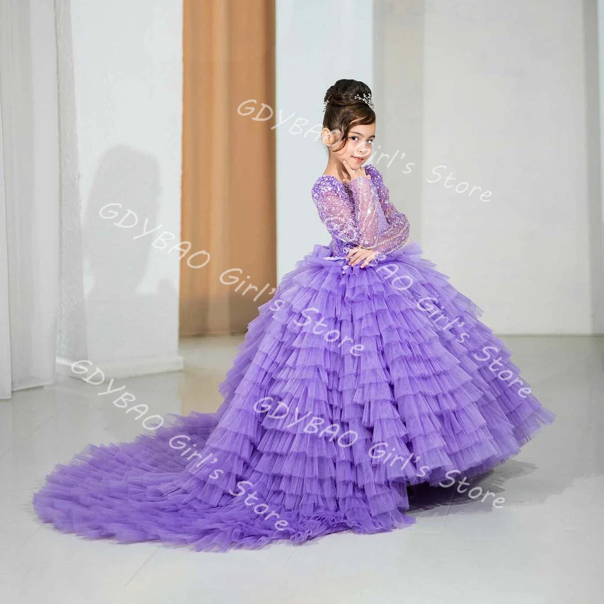 

Light Purple Flower Girl Dress for Wedding Kids Tulle Tiered Princess Dress Sparking Lace Full Sleeve Birthday Gown Custom Made
