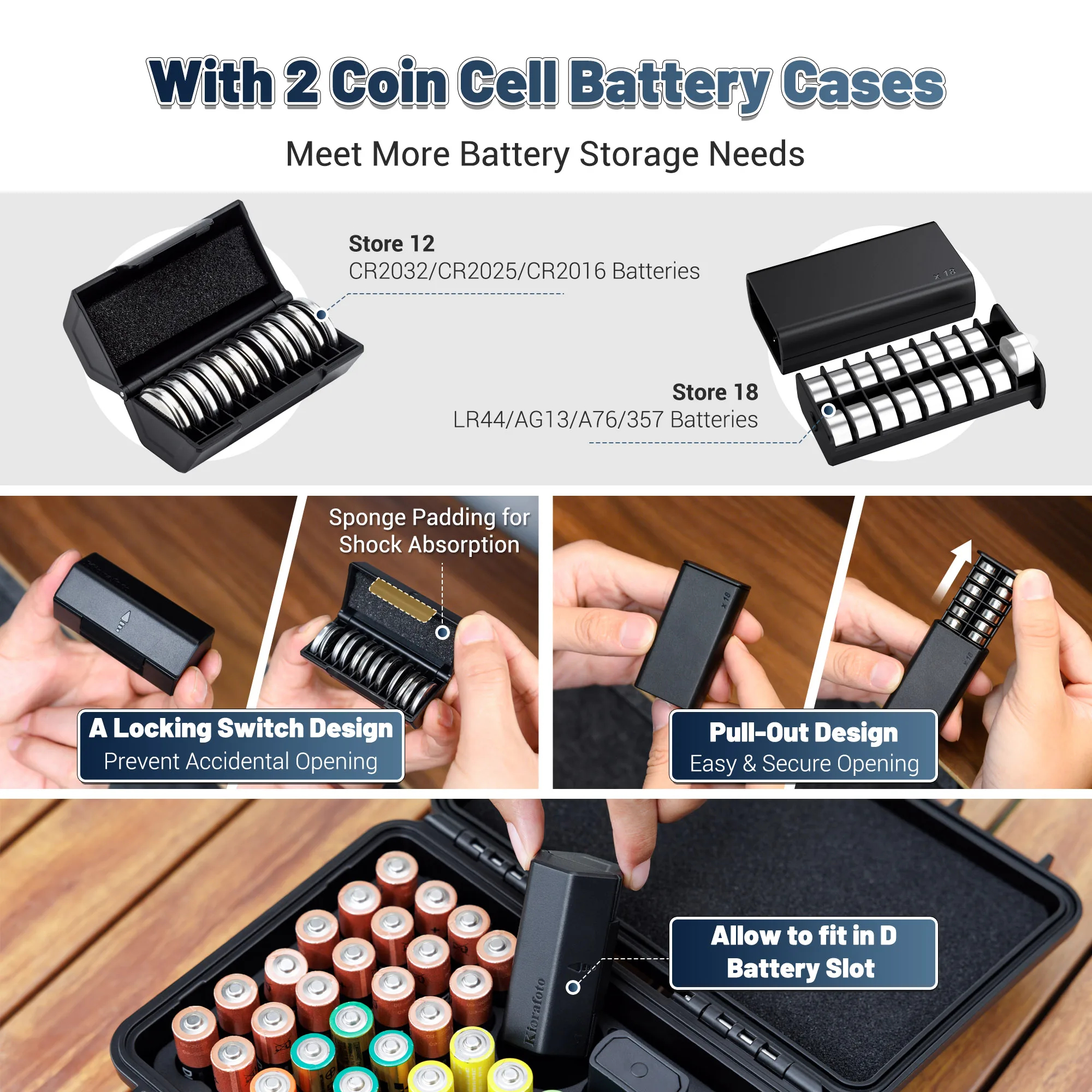 علبة بطارية متعددة في 1 مع جهاز اختبار بطارية لبطاريات AA/AAA حاوية تخزين حامل بطارية خلية العملة لـ CR2032/CR2025