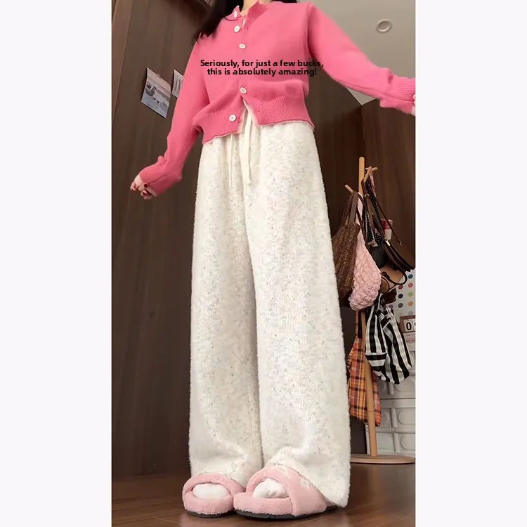 Pantalones de pierna recta de terciopelo de punto arcoíris de cintura alta coreanos Sle Otoño Invierno pantalones casuales adelgazantes para mujeres