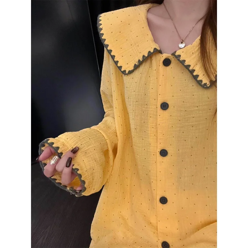 2026 Contrasting Color Edge Polka Dot Printed Cardigan Pajamas Women's Spring New Long-sleeved Trousers Loungewear Set