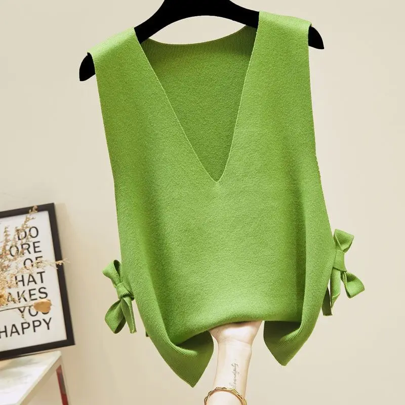 Suéter feminino casual monocromático com decote em v, colete coreano sem mangas, macacão com cordão, roupa básica, primavera, outono, moda