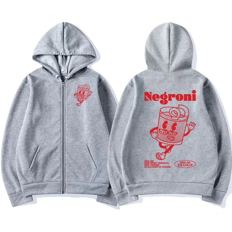 Negroni Cocktail Drink Funny Meme Zip Up Hooded Men Women Retro Cartoon Aesthetic Zipper Hoodie Fashion Casual Jacket Sweatshirt