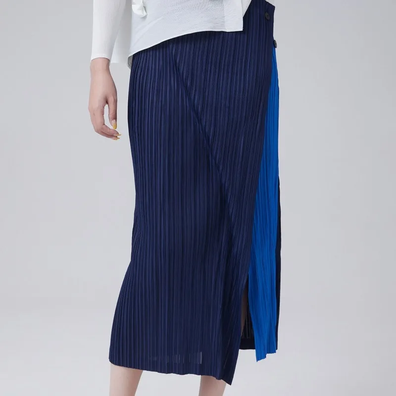 Miyake Pleated Women's Skirt  Straight Split Midi Simple Color Clash Design Casual Commuter Clothes Korea High Quality Clothing