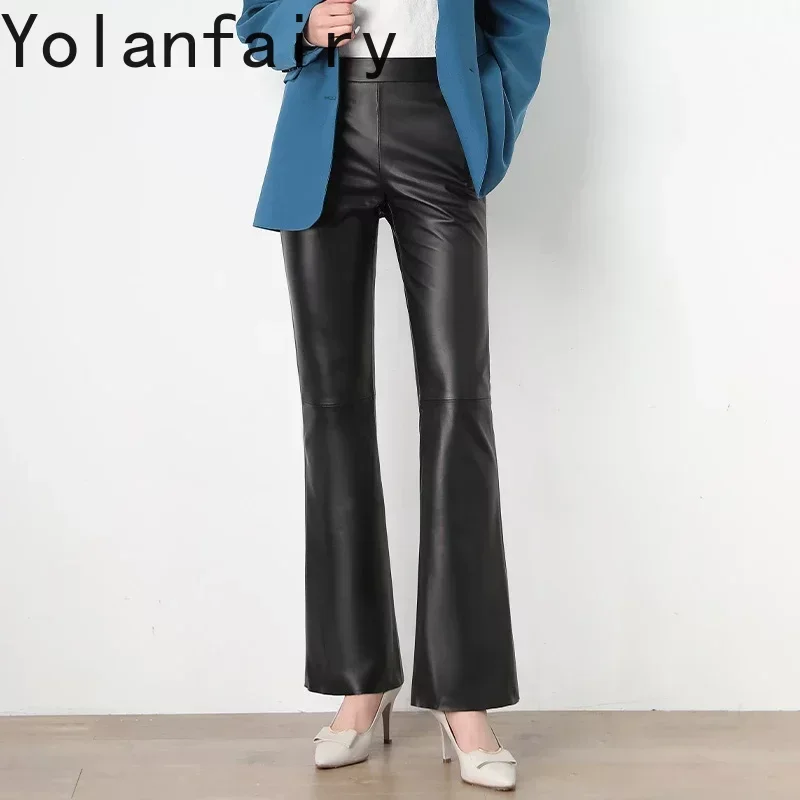 Genuine Sheepskin Leather Pants for Women Spring Autumn Women's Trousers Female High Waist Flare Pants Pantalon Mujer Zjt2406