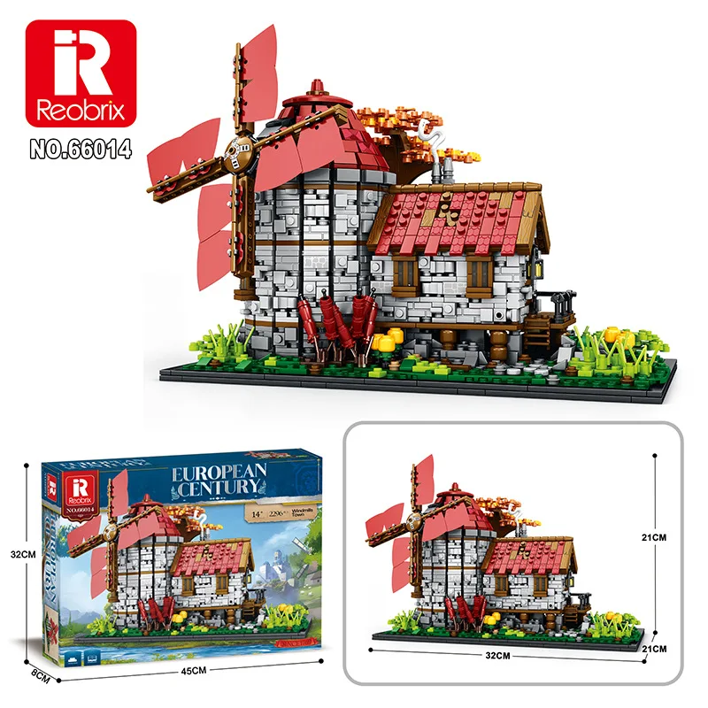 Reobrix 66014 European Century Windmills Town Model Modular Street View Series DIY Toys Building Blocks Gift For Boys 2296Pcs