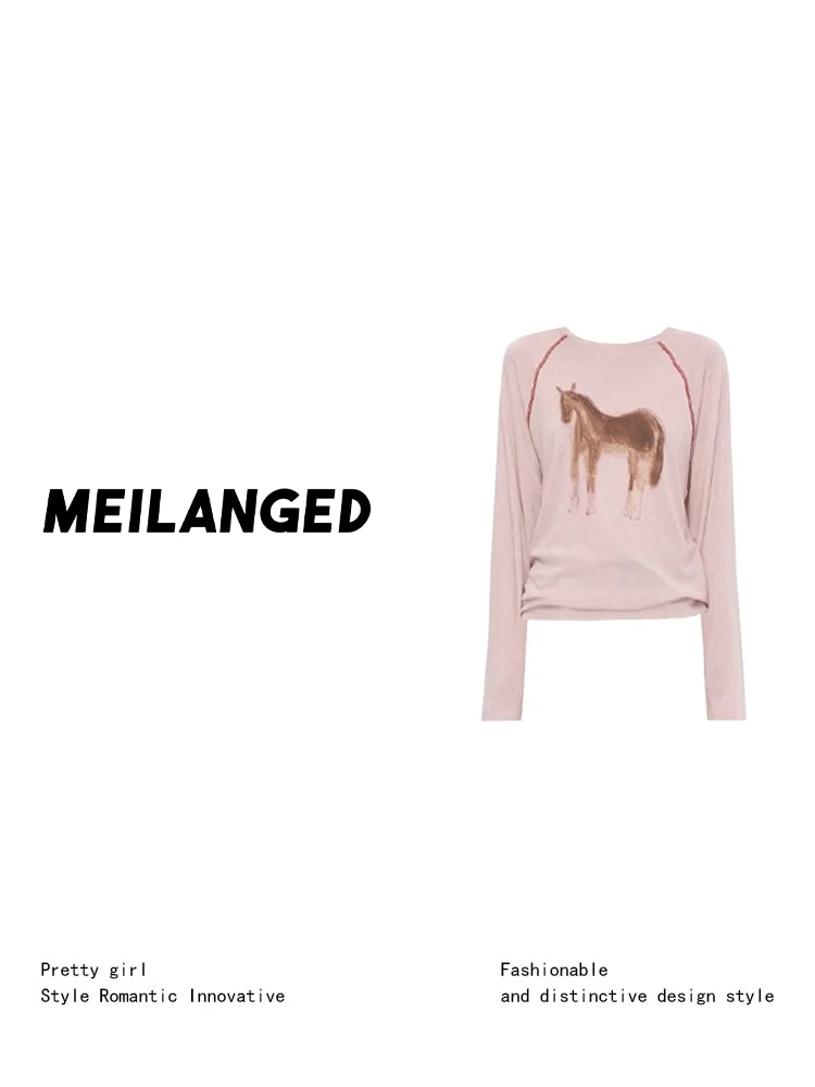 Casual Hand-Drawn Cartoon Print Long Sleeve Loose Women's T-shirt Shoulder Insert Design Comfortable Loose Fit Stripe Top