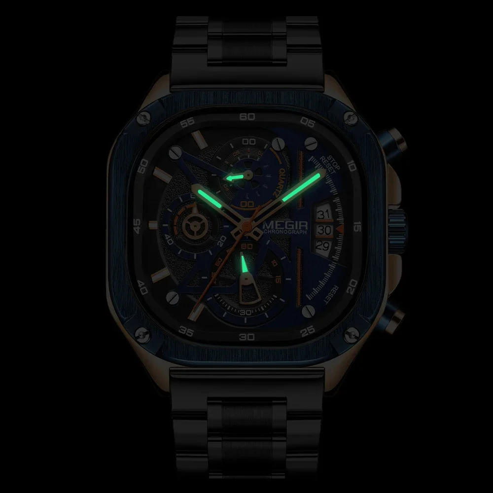 MEGIR Square Dial Chronograph Quartz Watches for Men Fashion Sports Male Wristwatch Stainless Steel Strap with Luminous Hands