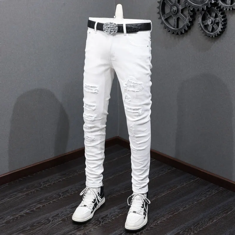 Street fashion men's jeans stretch white ripped patch jeans men's designer beaded hip-hop pants hombre