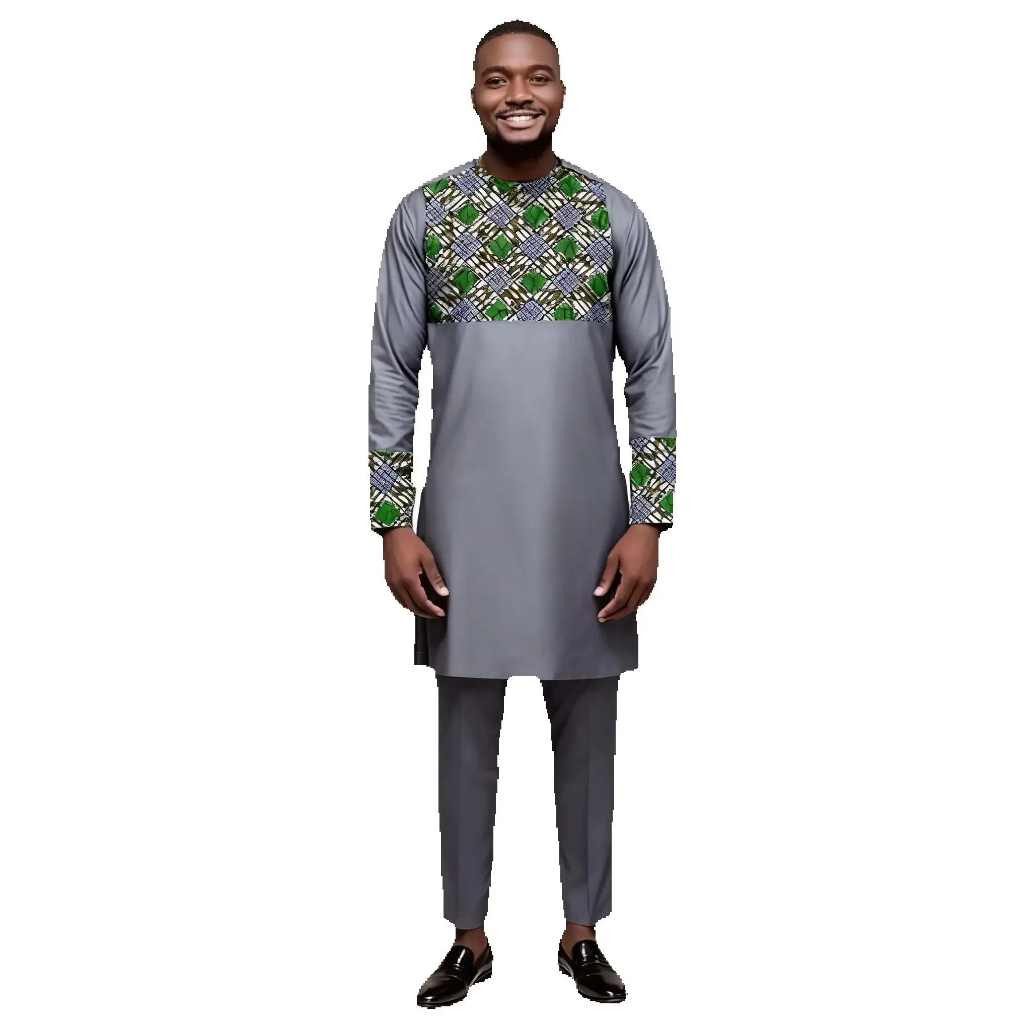 

Men's African Couture Grey Dashiki Set Nigerian Fashion Print Patchwork Long Sleeve Top And Pants 2-Piece Outfit Festival Wear