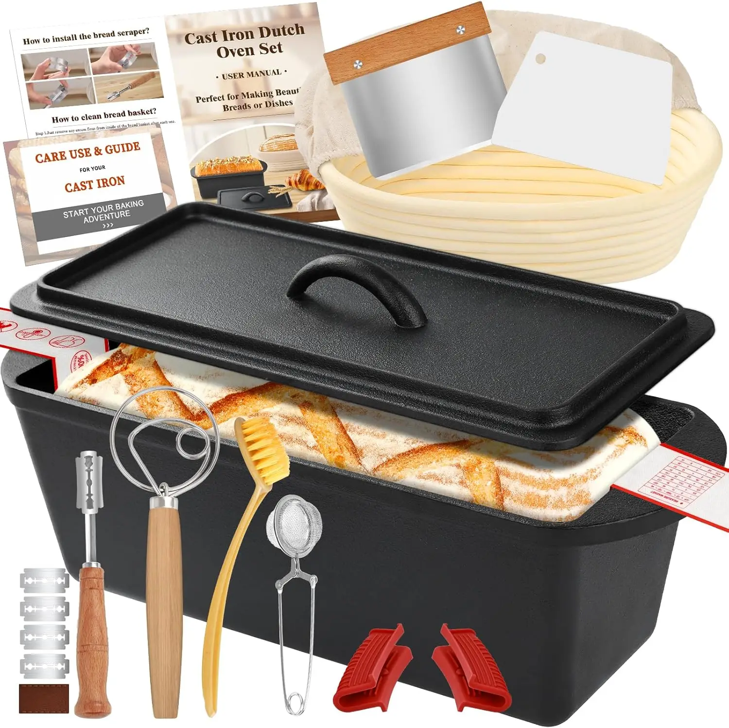 

Rectangular Cast Iron Dutch Oven for Bread Baking, Cast Iron Sourdough Bread Pan with Lid Handles Lame, Even Heat Bread Baking P