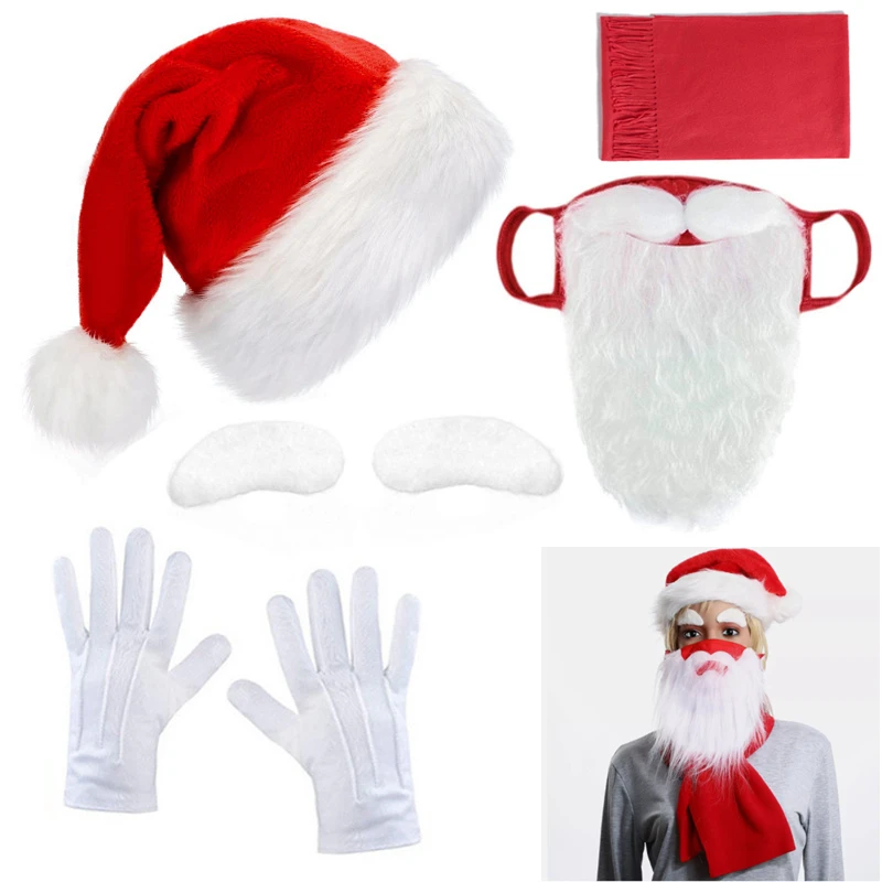 Christmas Party Santa Cosplay Costume Santa Hat Red Scarf White Beard Mask White Eyebrow Gloves Fun Holiday Party Accessory 2024