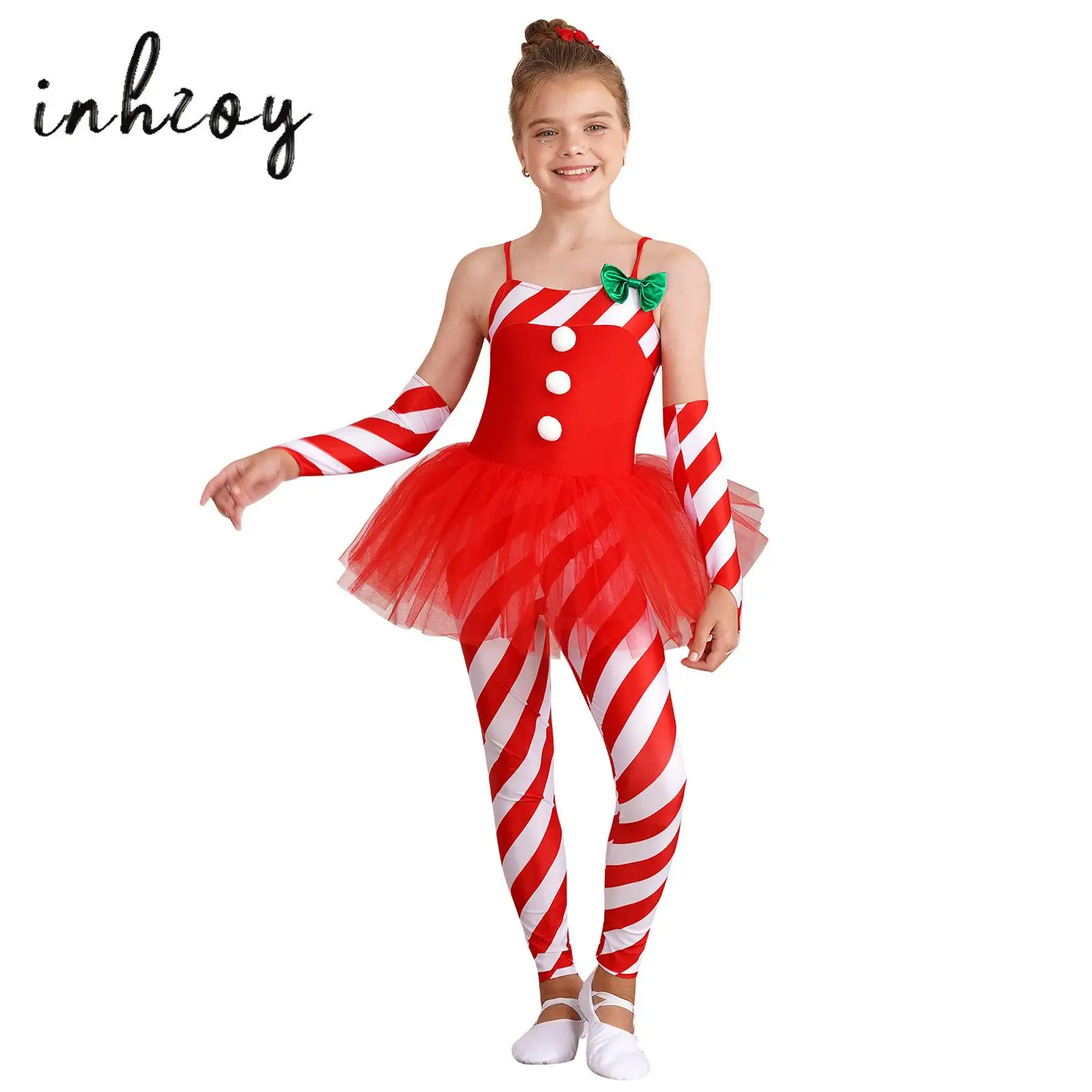 

Kids Girls Candy Cane Christmas Dance Bodysuit Jumpsuit Unitard Xmas Santa Sweetie Mesh Skirt Tutu Costume Outfits Dancewear