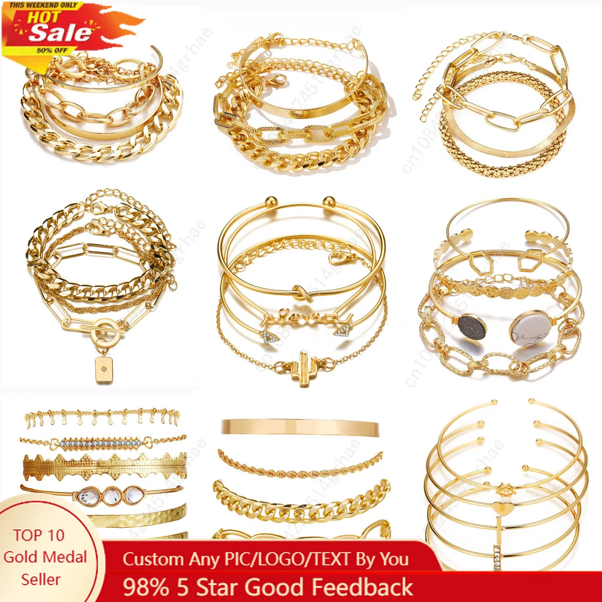 

Bohemian Metal Chain Bracelet Set For Women Geometric Gold Color Thick Link Chain Open Bangle Female Fashion Jewelry